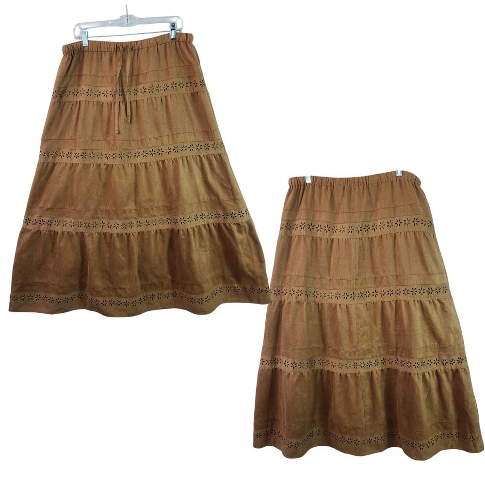 Laura Ashley Brown Faux Suede Floral Cut Out Trim Lined Tiered BOHO Maxi Skirt 8